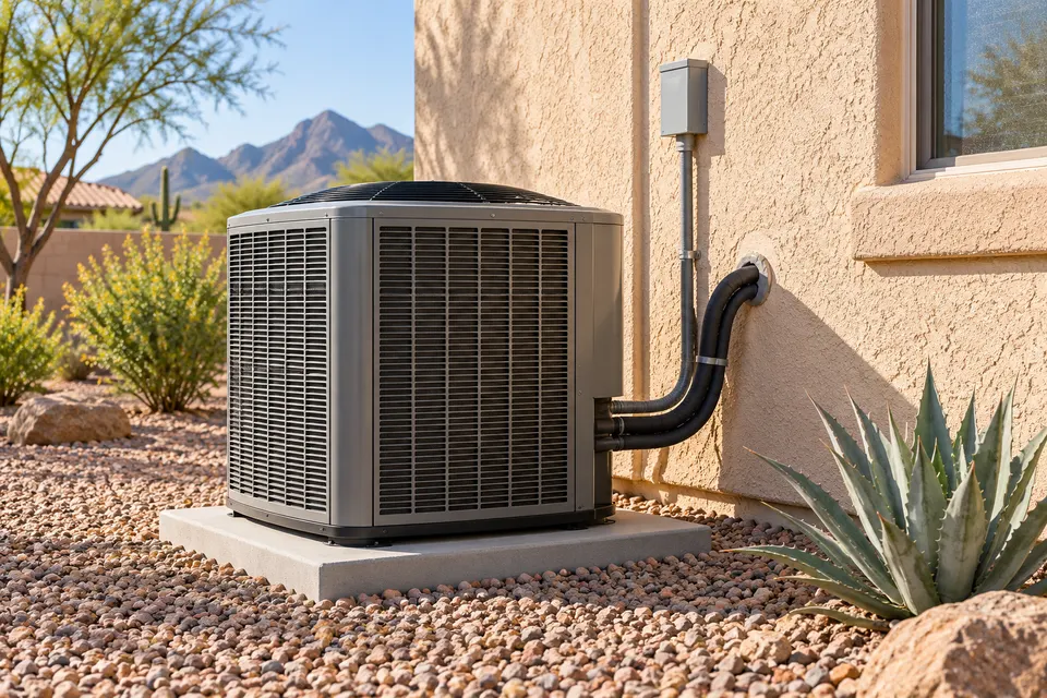 Generated illustration of central air equipment beside a Tucson house.
