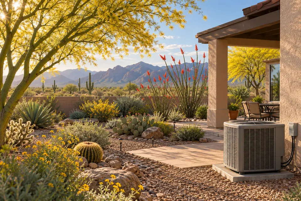 Generated illustration of a central AC unit in a Tucson yard.