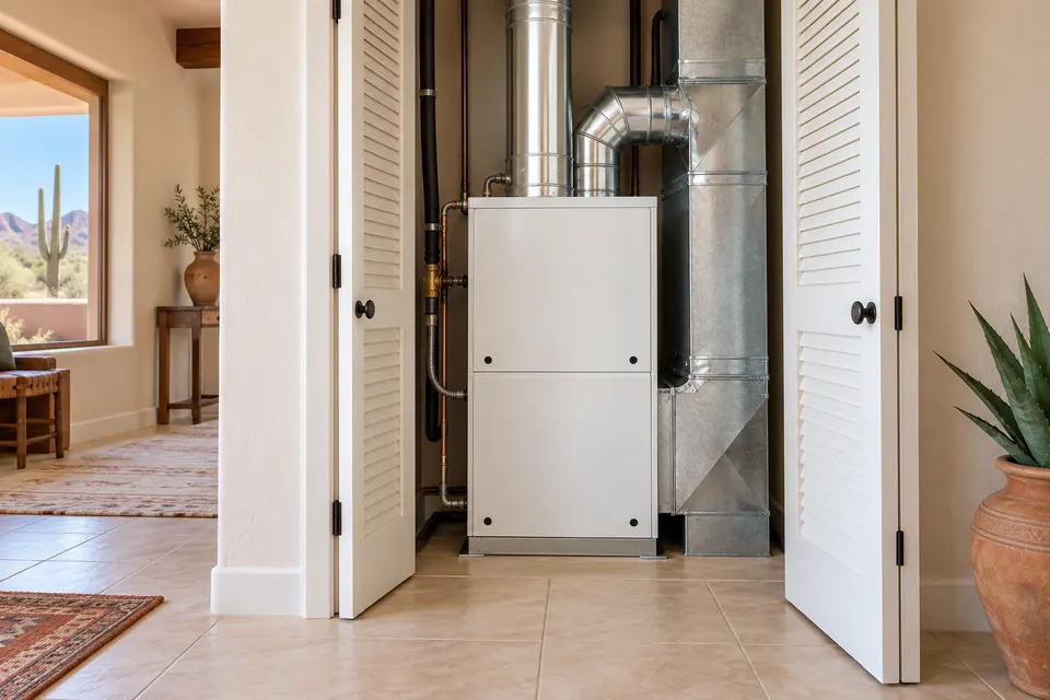 Generated illustration of existing and replacement furnaces in a home.