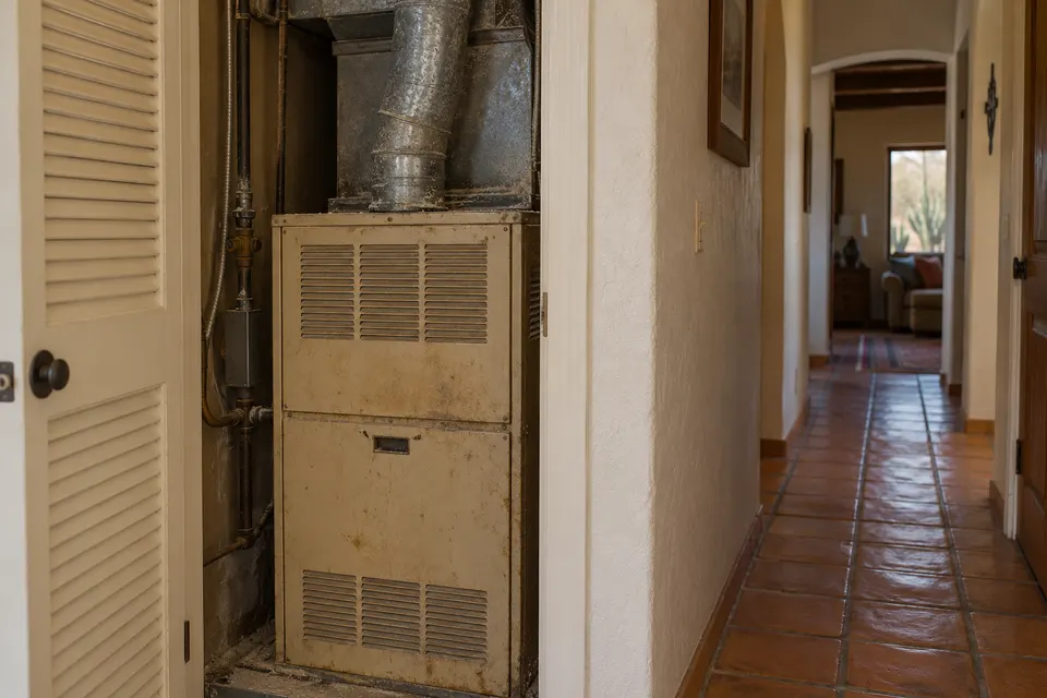 Generated illustration of two closed residential furnace units.