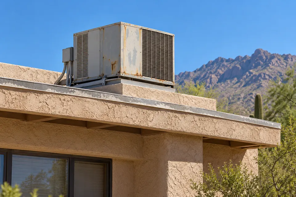 Generated illustration of residential cooling and furnace equipment.