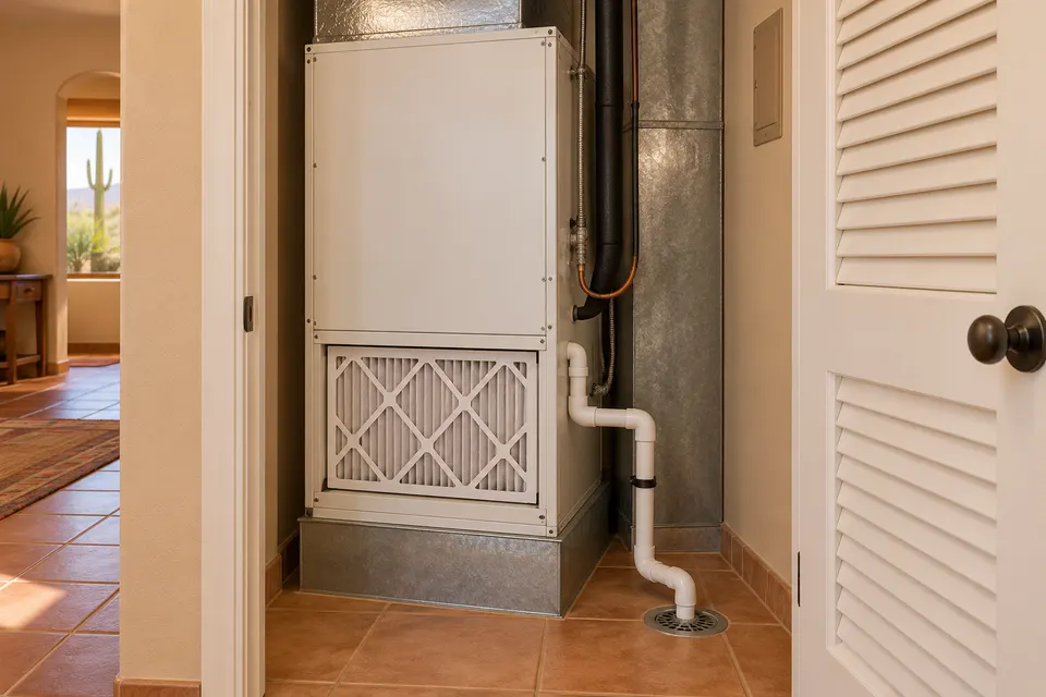 Generated illustration of home heating and central cooling equipment.