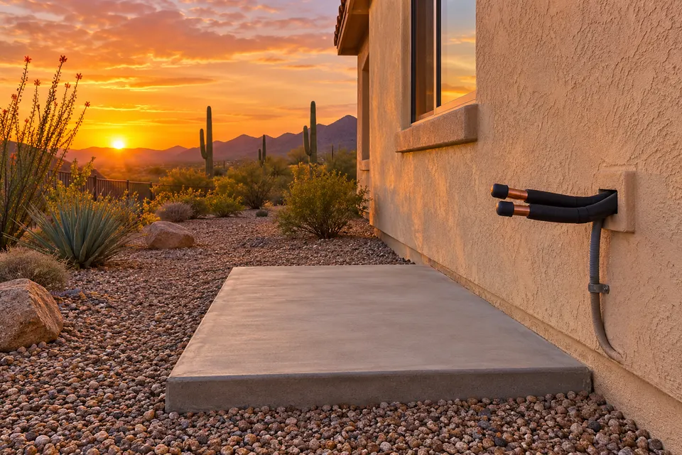Generated illustration of an unmarked central air conditioner outside a Tucson home.